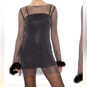 Chic Black Mesh Dress with Feather Cuffs